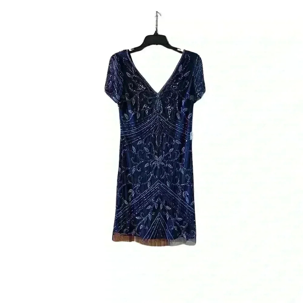 NEW PISARRO NIGHTS Beaded Double V-Neck Dress Navy Blue - Picture 4 of 12
